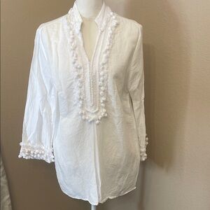 Chico’s Linen Fringe Kurta Tunic Top White
